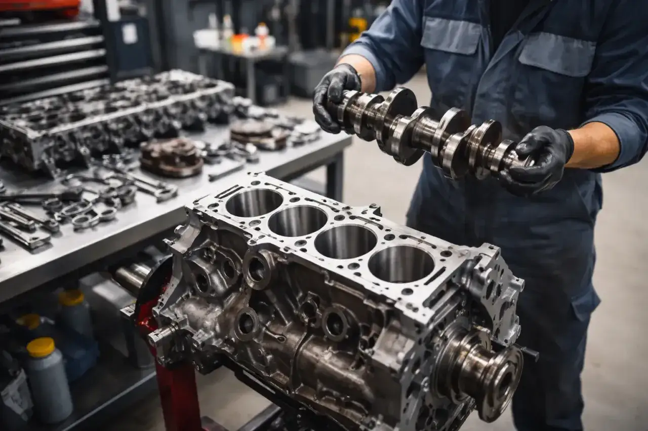 Mechanik składa silnik. Zastanawiasz się, ile kosztuje wymiana silnika w busie?