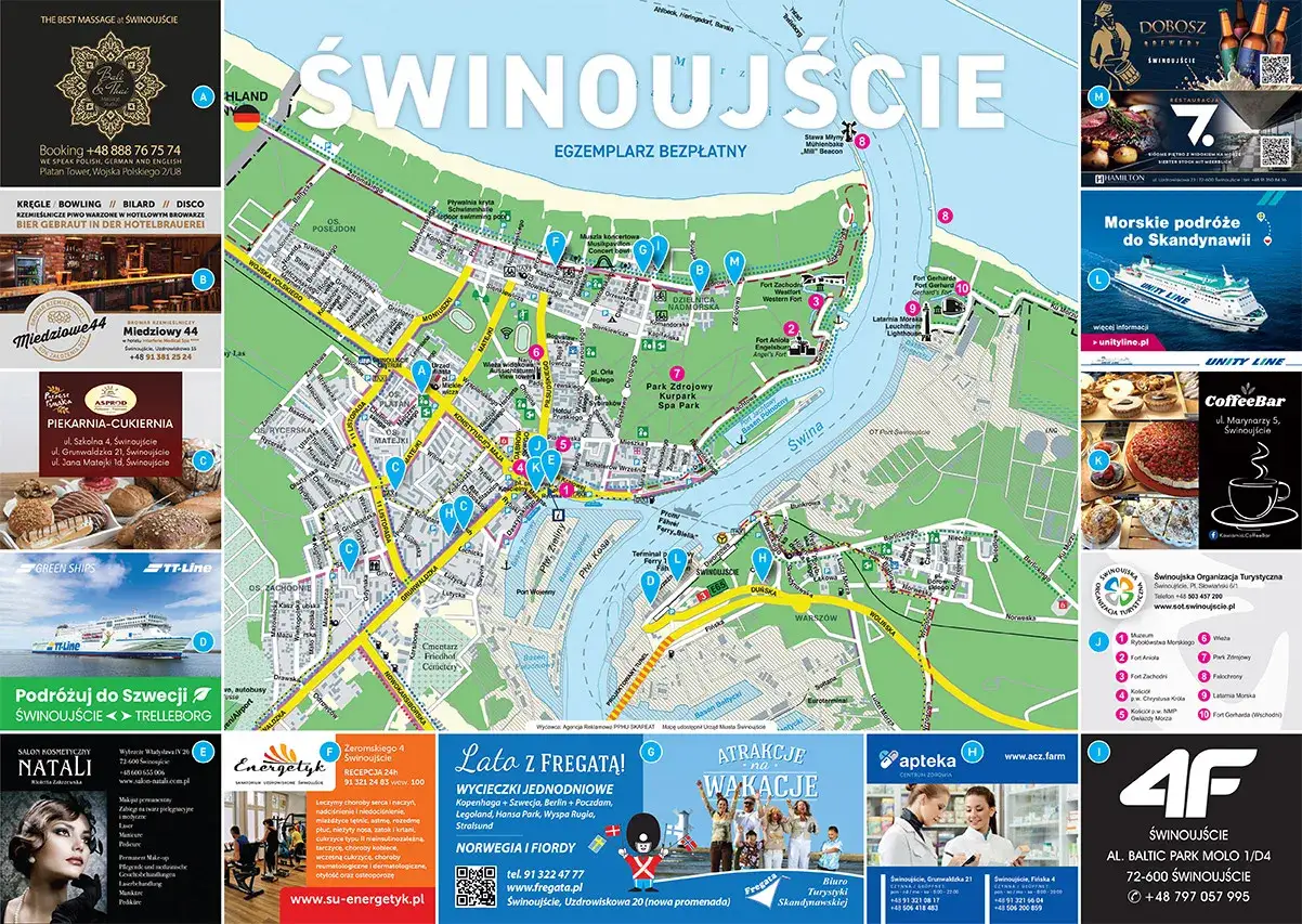 Mapa Świnoujścia z zaznaczonymi atrakcjami, hotelami, restauracjami i punktami usługowymi. Znajdziesz tu świnoujście atrakcje mapa.
