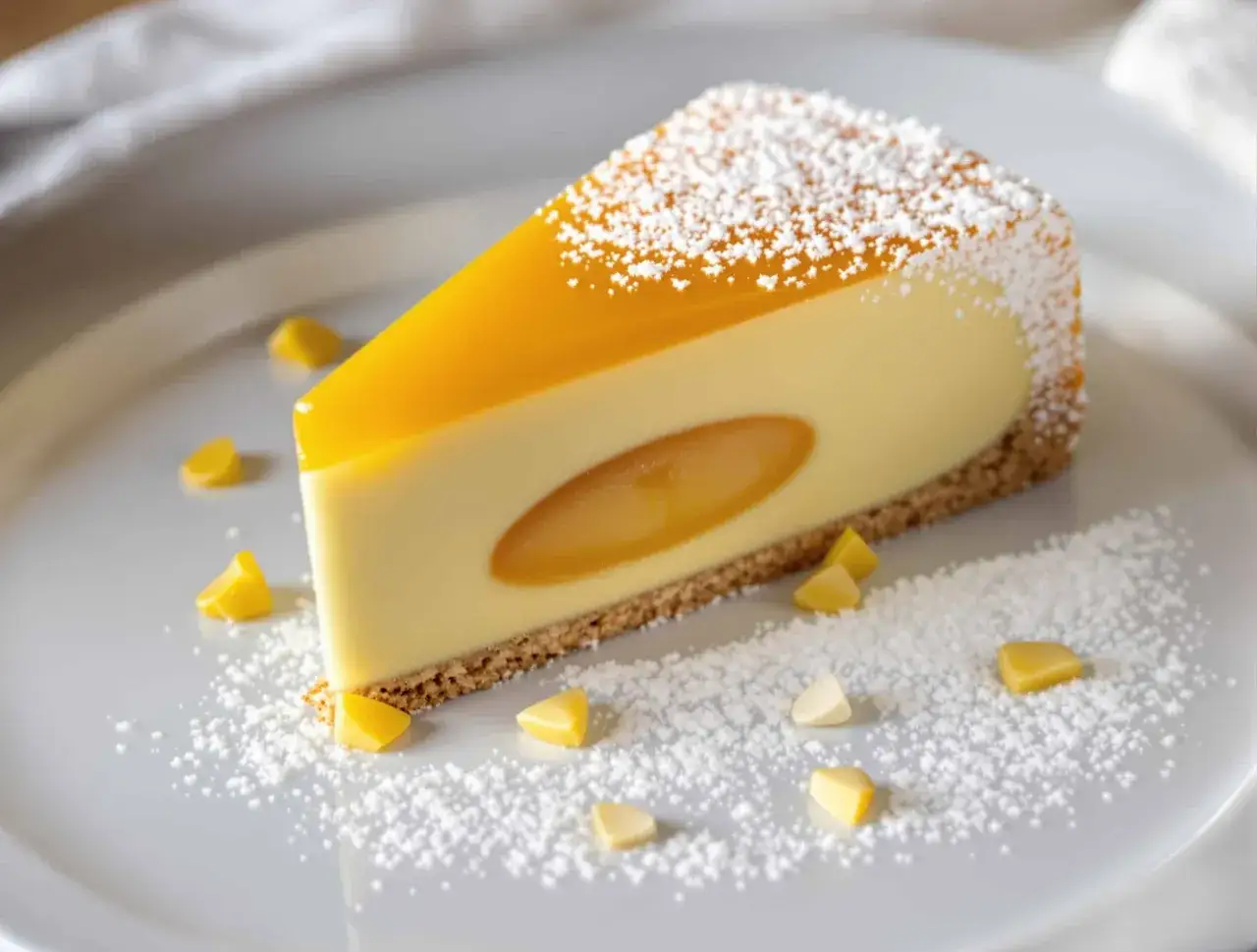 Tranche de cheesecake onctueux avec un cœur coulant et un glaçage jaune vif, saupoudrée de sucre glace. Des morceaux de fruit de la passion décorent l'assiette.