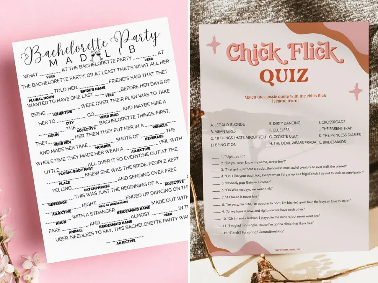 Juegos para despedida de soltera: un divertido juego de Mad Libs y un quiz de películas románticas para celebrar a la futura novia.
