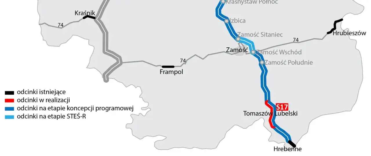 Mapa przedstawia przebieg drogi ekspresowej S17, z zaznaczonymi odcinkami istniejącymi (czarne), w realizacji (czerwone) oraz w fazie koncepcji (niebieskie).