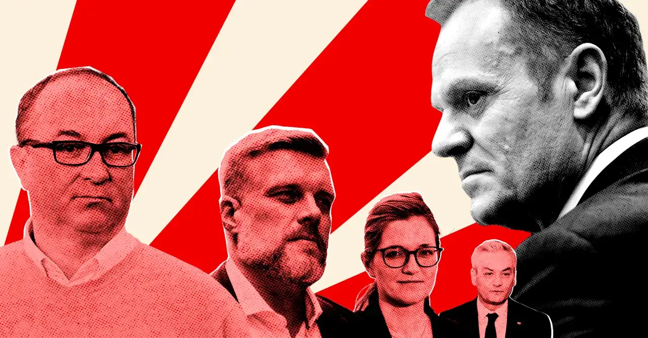 Portret mężczyzny w okularach, brodatego mężczyzny, kobiety w okularach i mężczyzny w garniturze na tle czerwono-białych pasów.