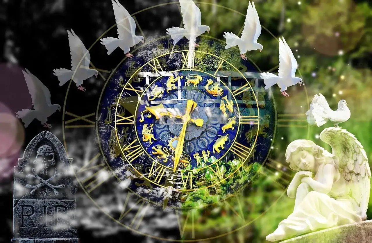 Anioł czuwa nad horoskopem miłosnym, podczas gdy gołębie symbolizują wolność i nadzieję. Czas płynie, a zodiak zapowiada przyszłość.