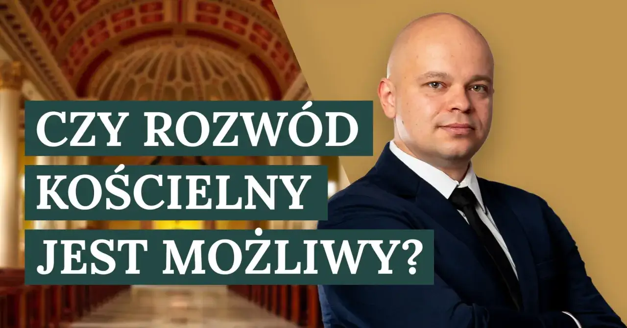 Mężczyzna w garniturze pyta: "Czy rozwód kościelny jest możliwy?". W tle kościelne wnętrze.