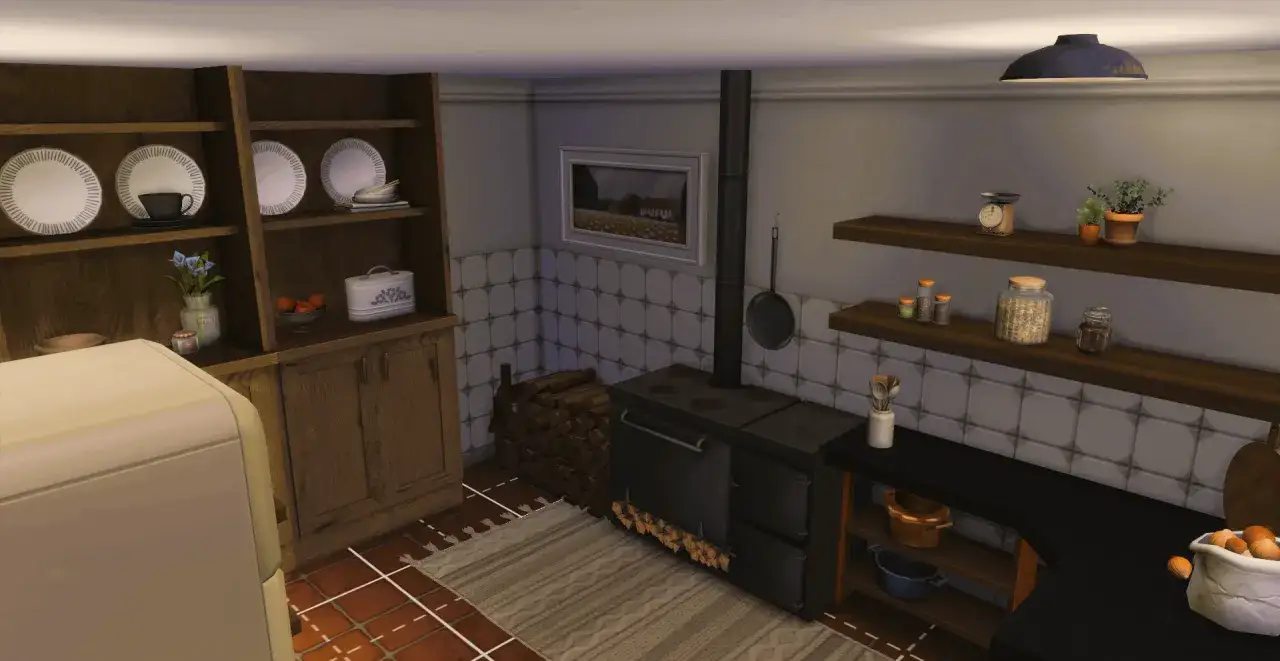 Przytulna kuchnia w stylu rustykalnym, idealna do gry The Sims 4. Drewniane meble, piec kaflowy i domowe dodatki tworzą ciepłą atmosferę.