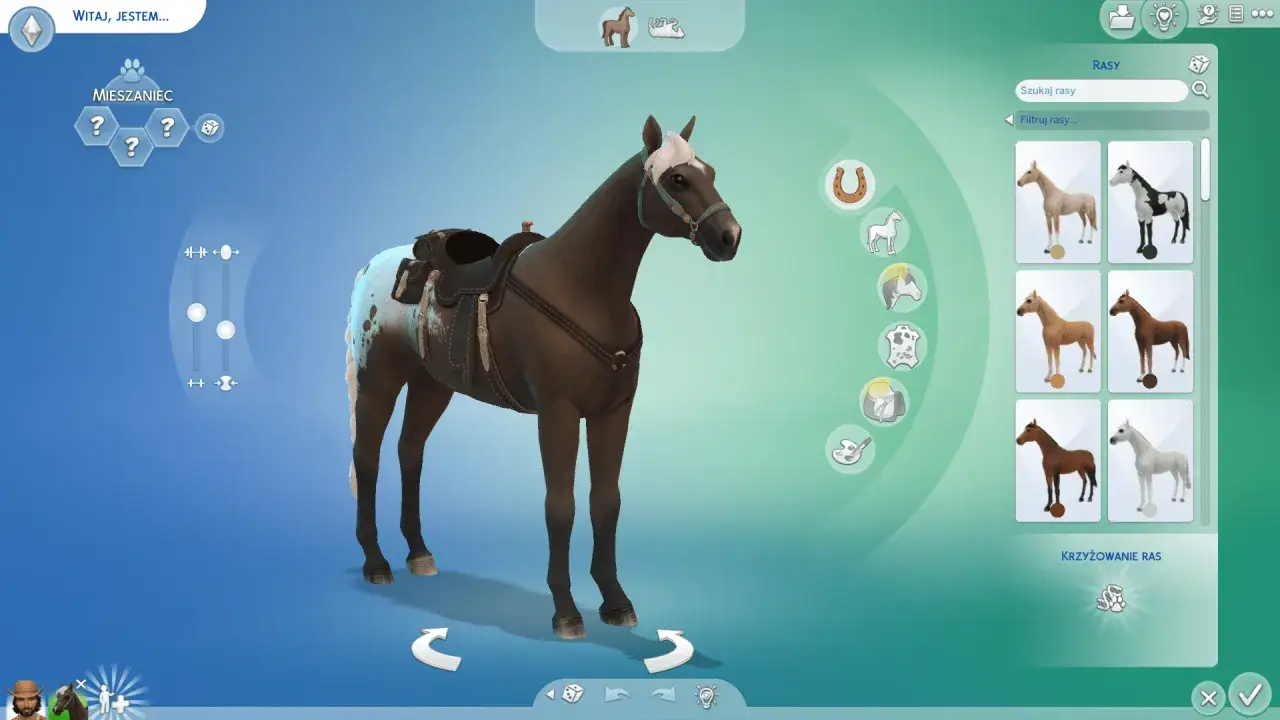Tworzenie konia w The Sims 4. Widoczny ciemnobrązowy koń z jasną grzywą i plamami na zadzie, w siodle. Po prawej panel wyboru ras koni.