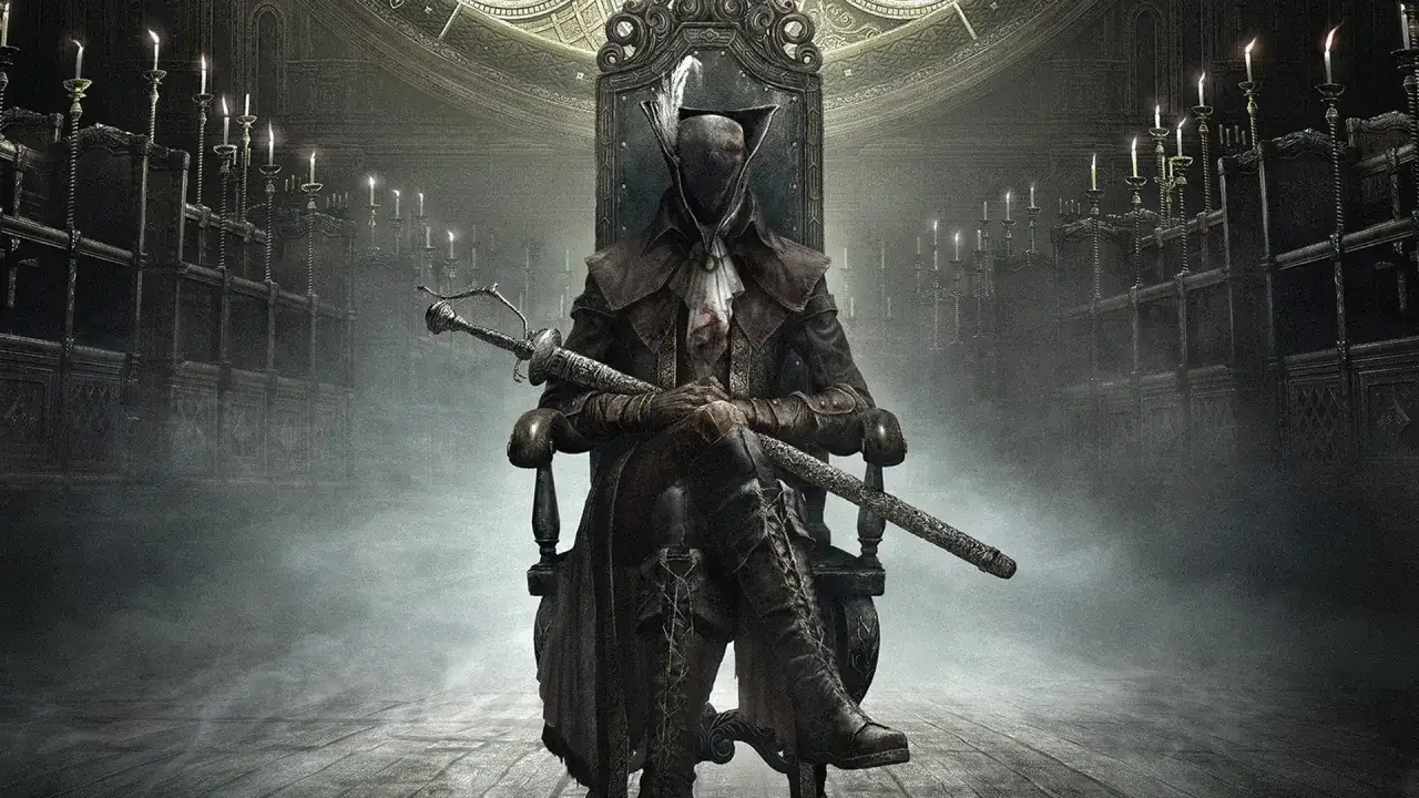 Postać w mrocznym stroju z mieczem siedzi na tronie. W tle świece i ozdobne meble. To kluczowy element bloodborne poradnik.