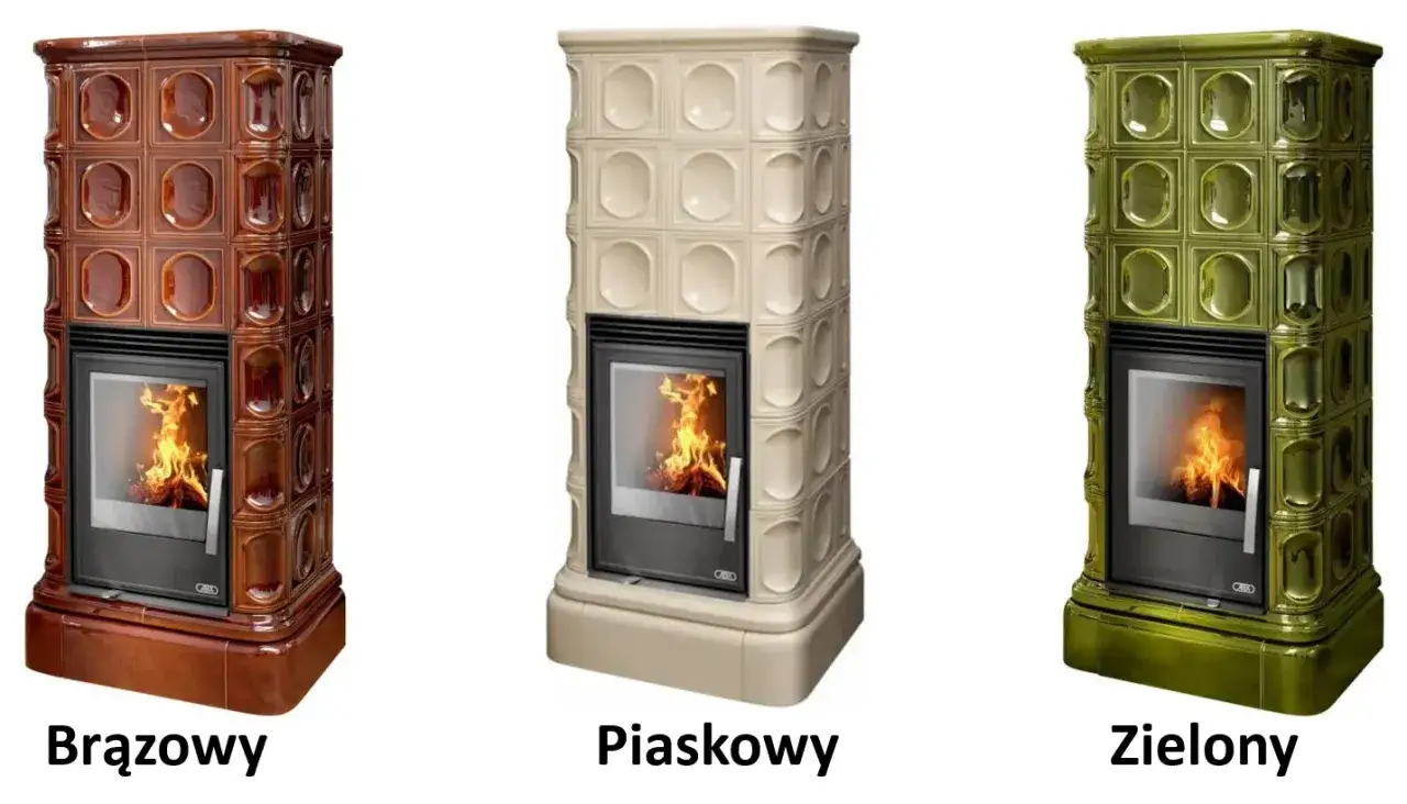Trzy piece kaflowe z płaszczem wodnym: brązowy, piaskowy i zielony. Każdy z nich ozdobiony jest kafelkami z wypukłymi wzorami.