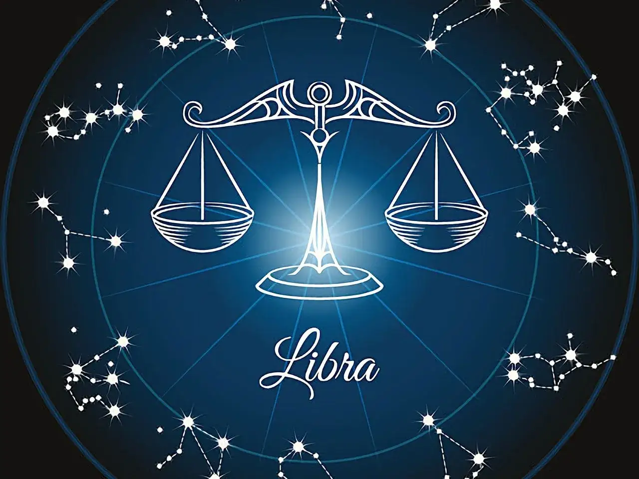 Symbol wagi znak zodiaku, otoczony konstelacjami na tle nocnego nieba.