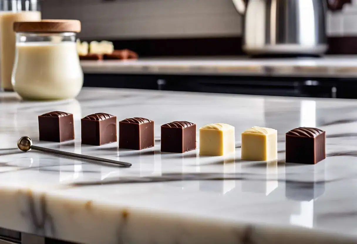 Cubes de chocolat noir et blanc alignés sur un marbre, prêts pour le temperage chocolat blanc. Une cuillère dorée repose à côté.