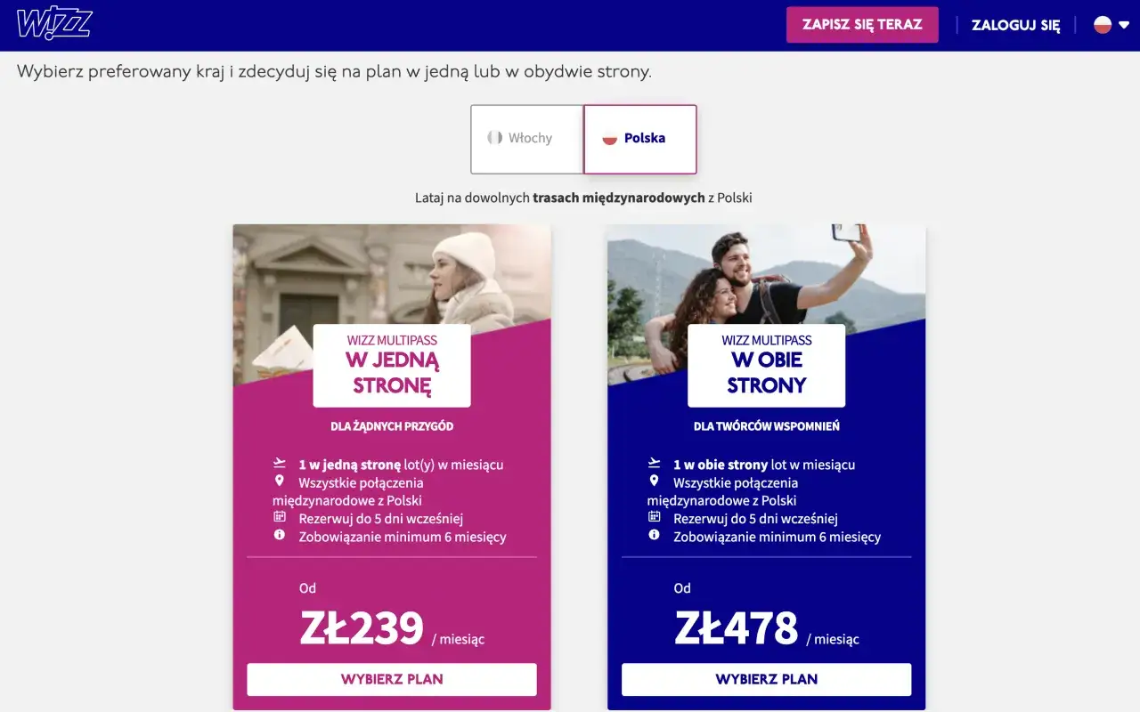 Wizz Multipass: jeden lot miesięcznie w jedną stronę od 239 zł, lub w obie strony od 478 zł. Wizz all you can fly!