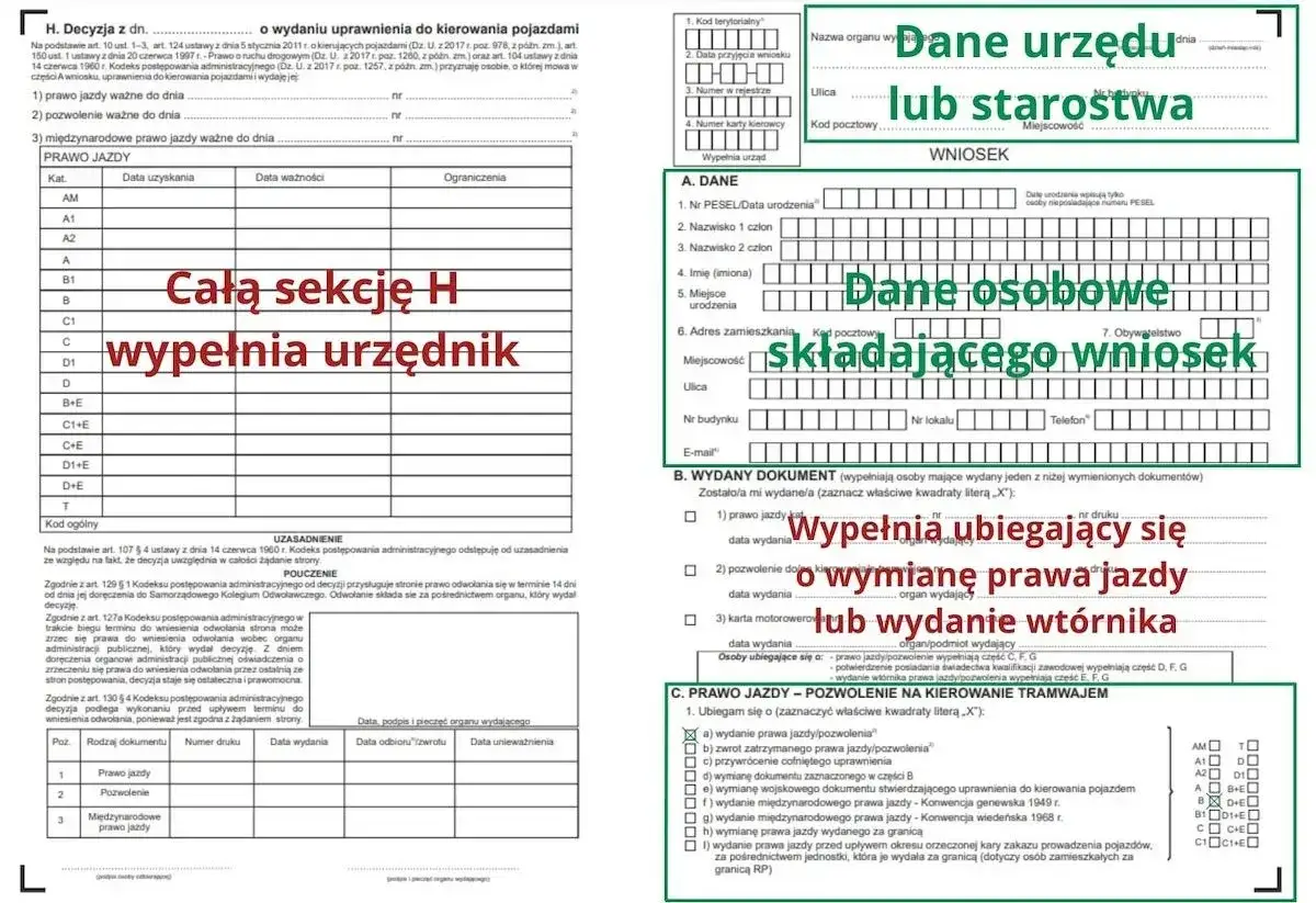 Wniosek KW-WPIS wzór wypełnienia spadek. Dane urzędu lub starostwa, dane osobowe składającego wniosek, wypełnia ubiegający się o wymianę prawa jazdy lub wydanie wtórnika.