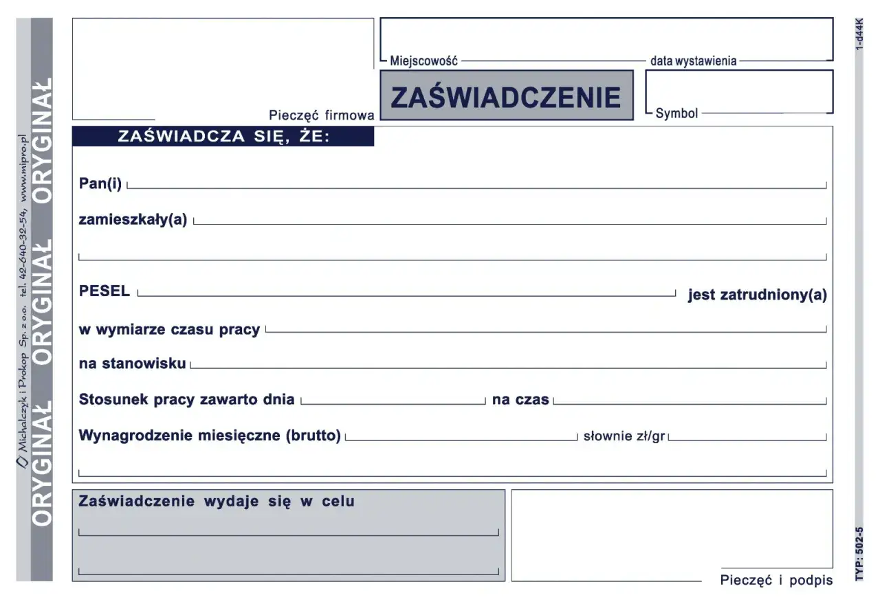 Formularz zaświadczenia o zatrudnieniu, zawierający dane pracownika, stanowisko, wynagrodzenie i cel wydania dokumentu.