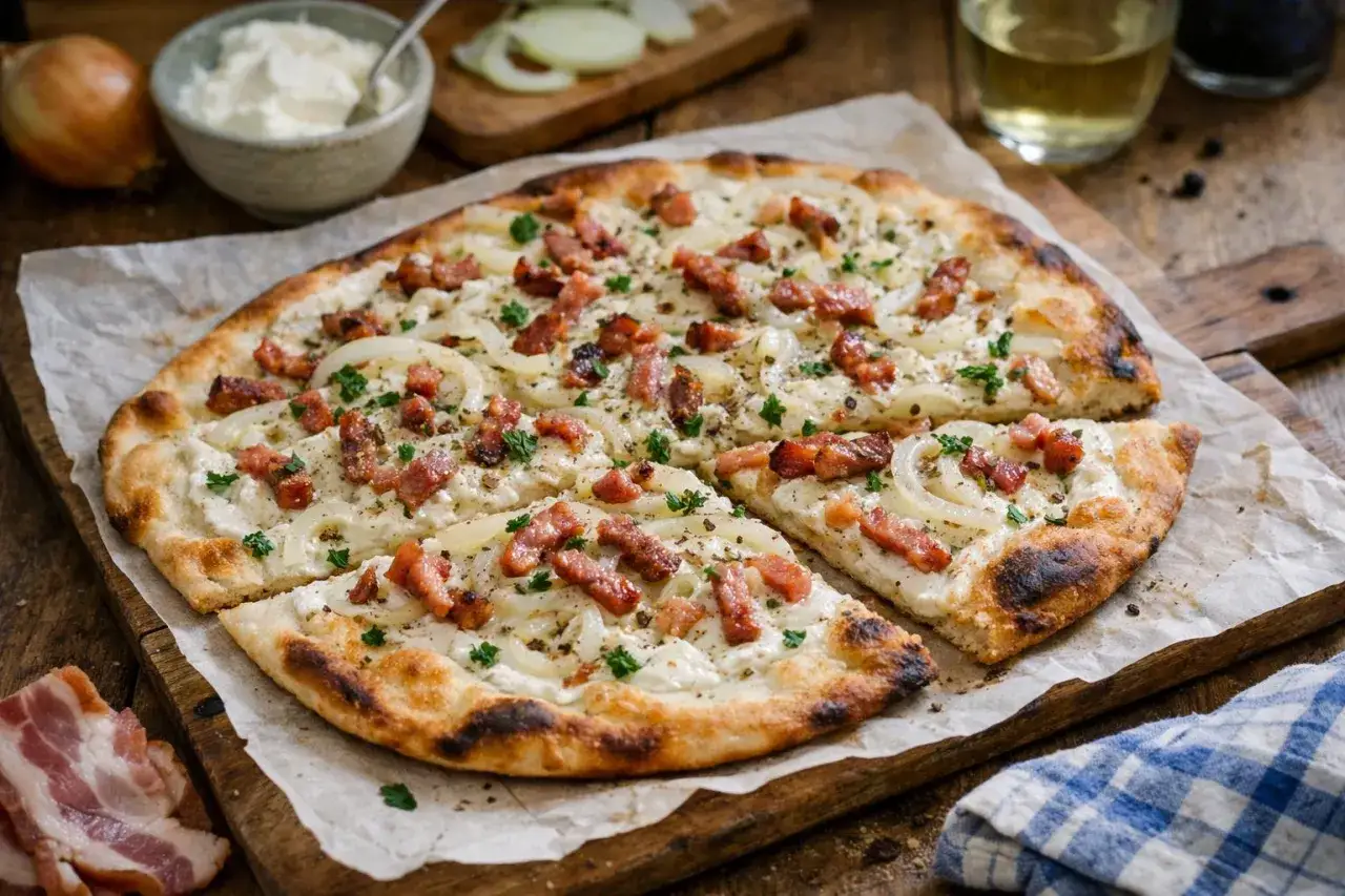 Flamenküche maison, une recette facile avec oignons, lardons et crème fraîche. Parfait pour un apéritif gourmand.
