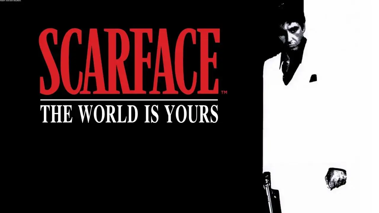 Scarface: The World Is Yours. Tony Montana w białym garniturze, z pistoletem, gotowy na podbój świata.