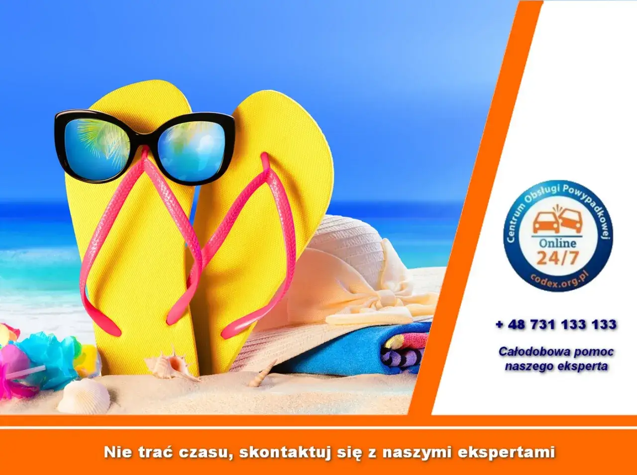 Żółte klapki i okulary przeciwsłoneczne na plaży. Sprawdź axa ubezpieczenie turystyczne opinie, by podróżować bezpiecznie.