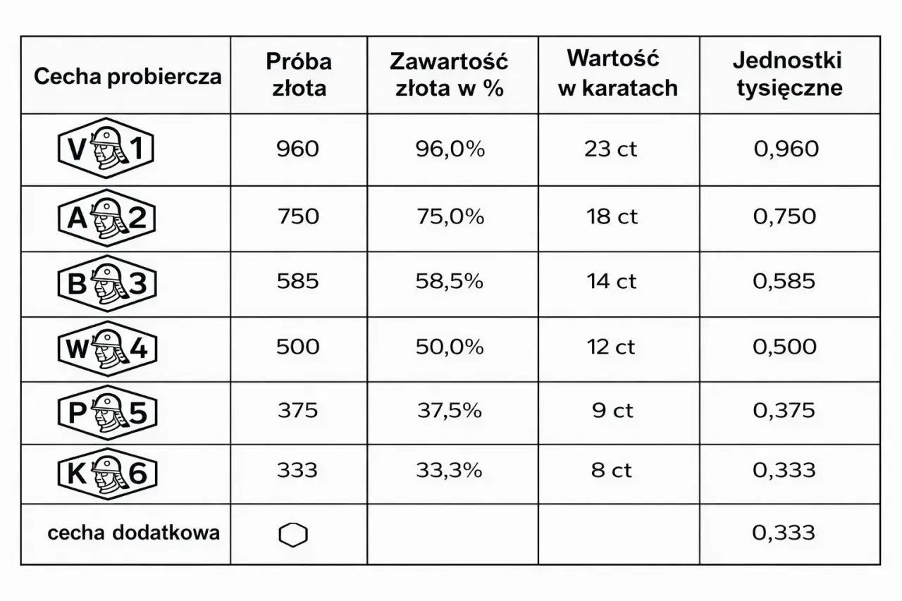Tabela cech probierczych złota: próba złota 375 odpowiada 37,5% czystego złota, 9 karatom i jednostce 0,375.