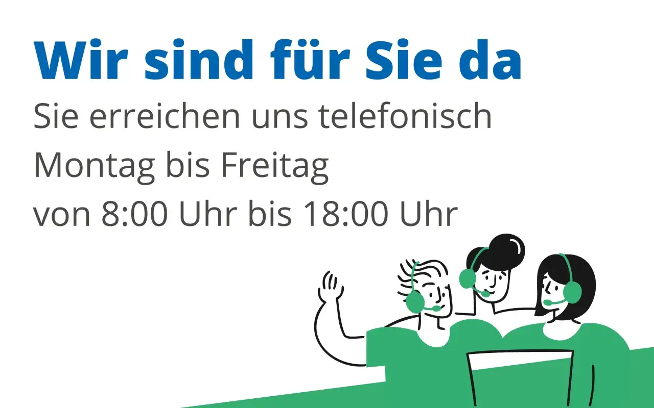 Illustration von drei Personen mit Headsets, die telefonisch erreichbar sind.