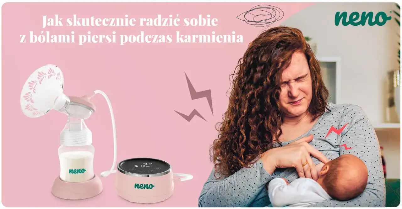 Kobieta z bólem piersi podczas karmienia piersią. Obok laktator Neno, który może pomóc złagodzić dyskomfort.