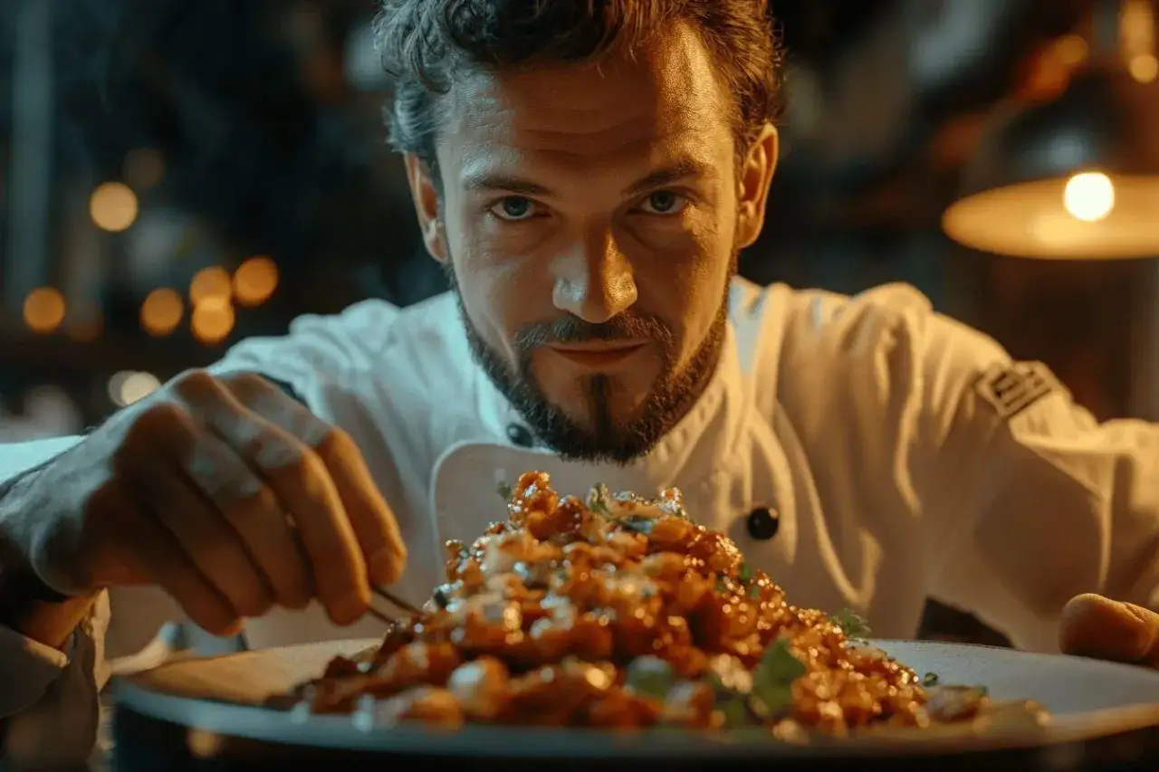 Un chef ajuste une assiette de spécialité auvergnate, un plat savoureux aux reflets caramélisés.