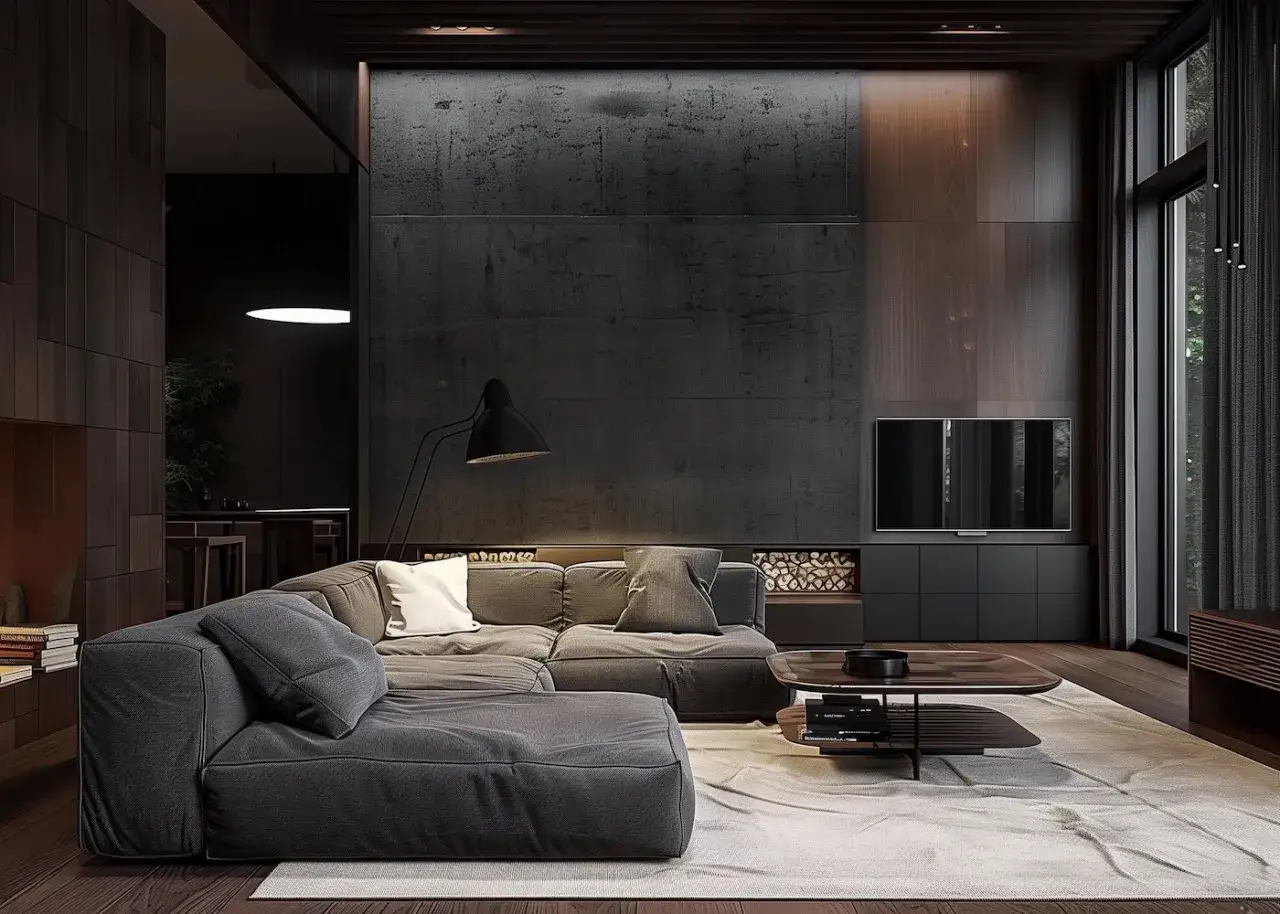 Salon moderne avec canapé gris, table basse design et éclairage tamisé. Une ambiance feutrée synonyme de détente.