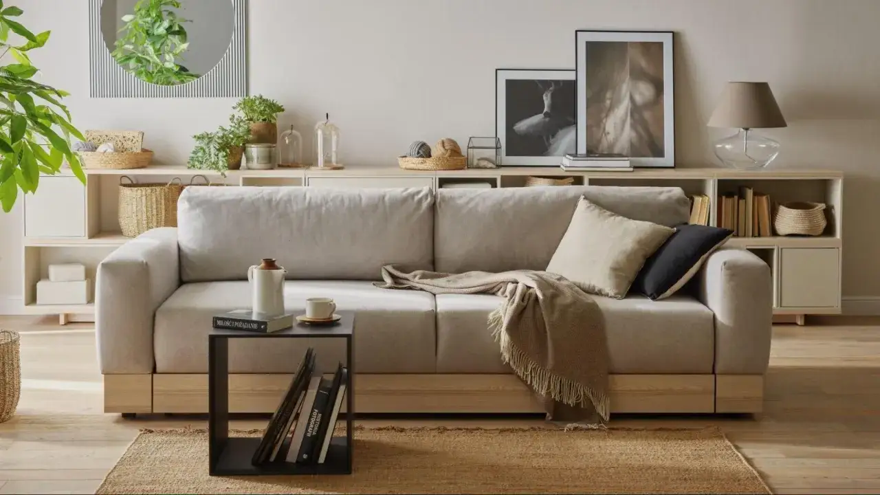 Jak ożywić beżowy salon? Dodaj rośliny, kosze z plecionki i ciekawe tekstylia. Wygodna sofa, stolik i regał pełen książek tworzą przytulną przestrzeń.