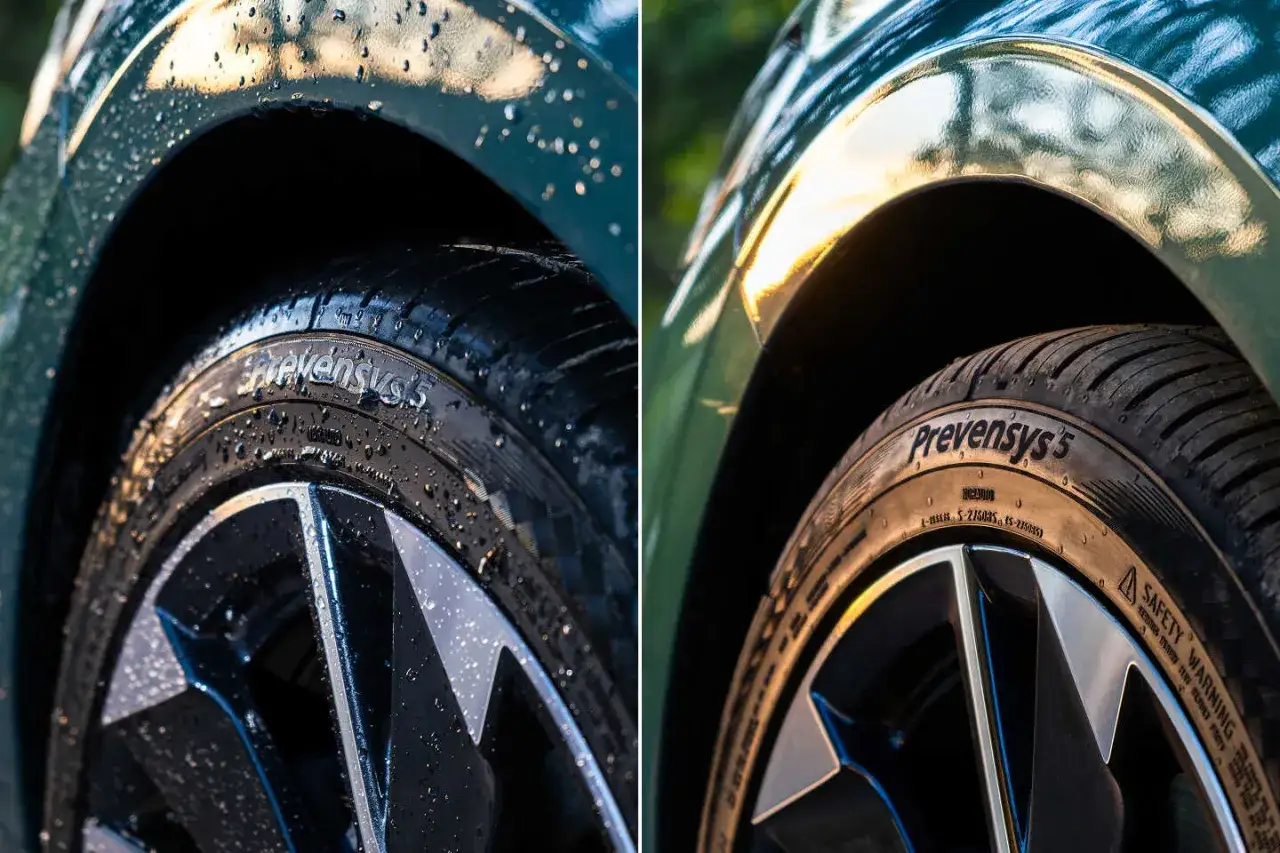Comparaison de deux pneus Norauto Prevensys 5, l'un mouillé, l'autre sec.