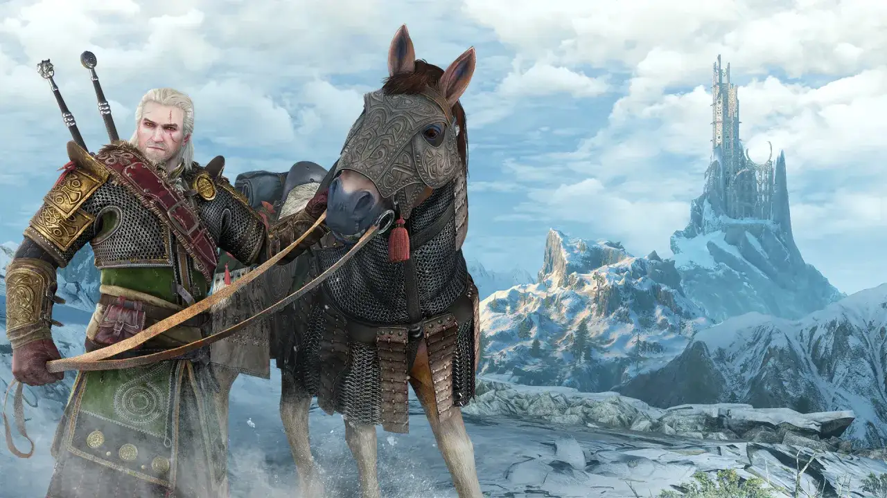 Geralt w zbroi, która wygląda jak najlepszy rynsztunek z Wiedźmina 3, na tle zimowego krajobrazu z zamkiem na górze.