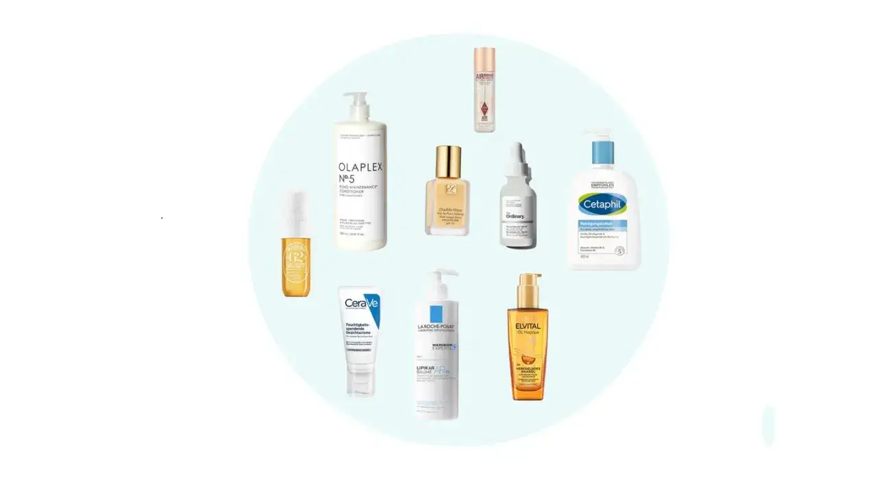 Collage verschiedener Kosmetikprodukte von Marken wie Olaplex, CeraVe, Cetaphil und The Ordinary.