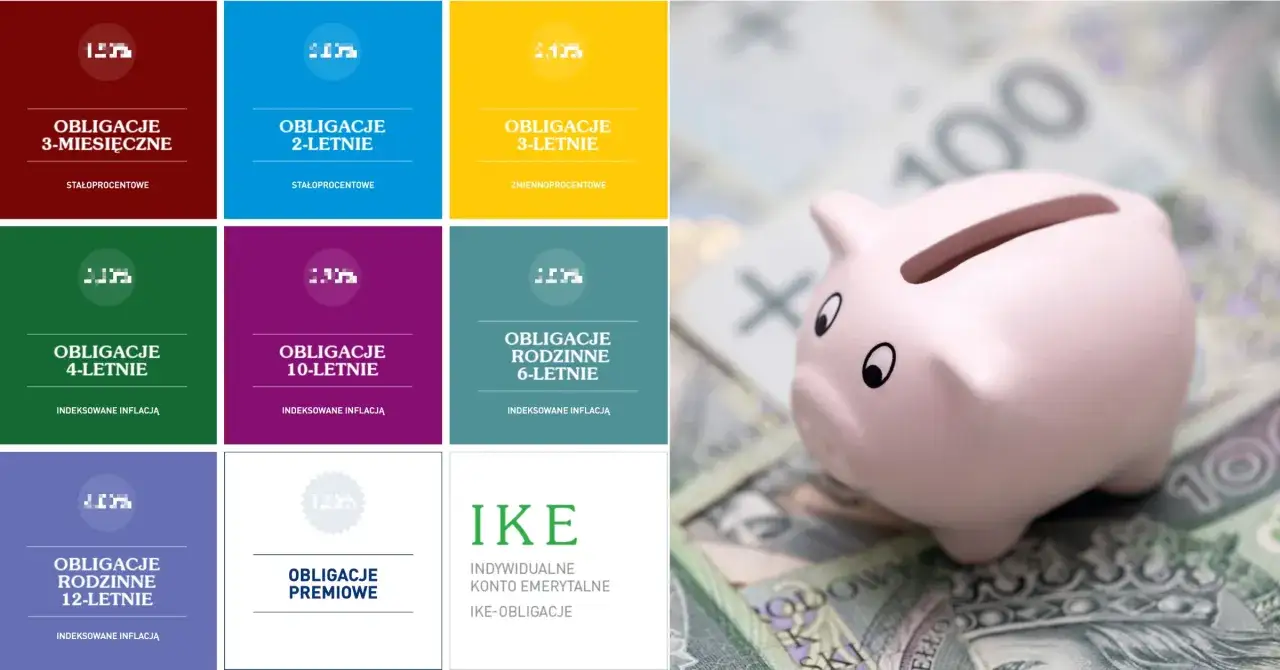 Skarbonka na tle polskich banknotów i kafelków z nazwami obligacji skarbowych.