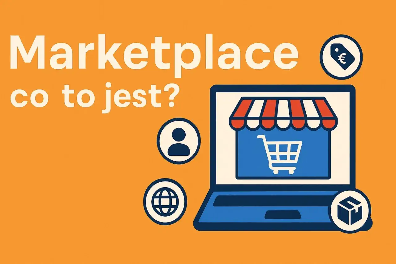 Marketplace: co to jest? Ikony symbolizują handel online, użytkowników i globalny zasięg. Laptop z wózkiem sklepowym i markizą.