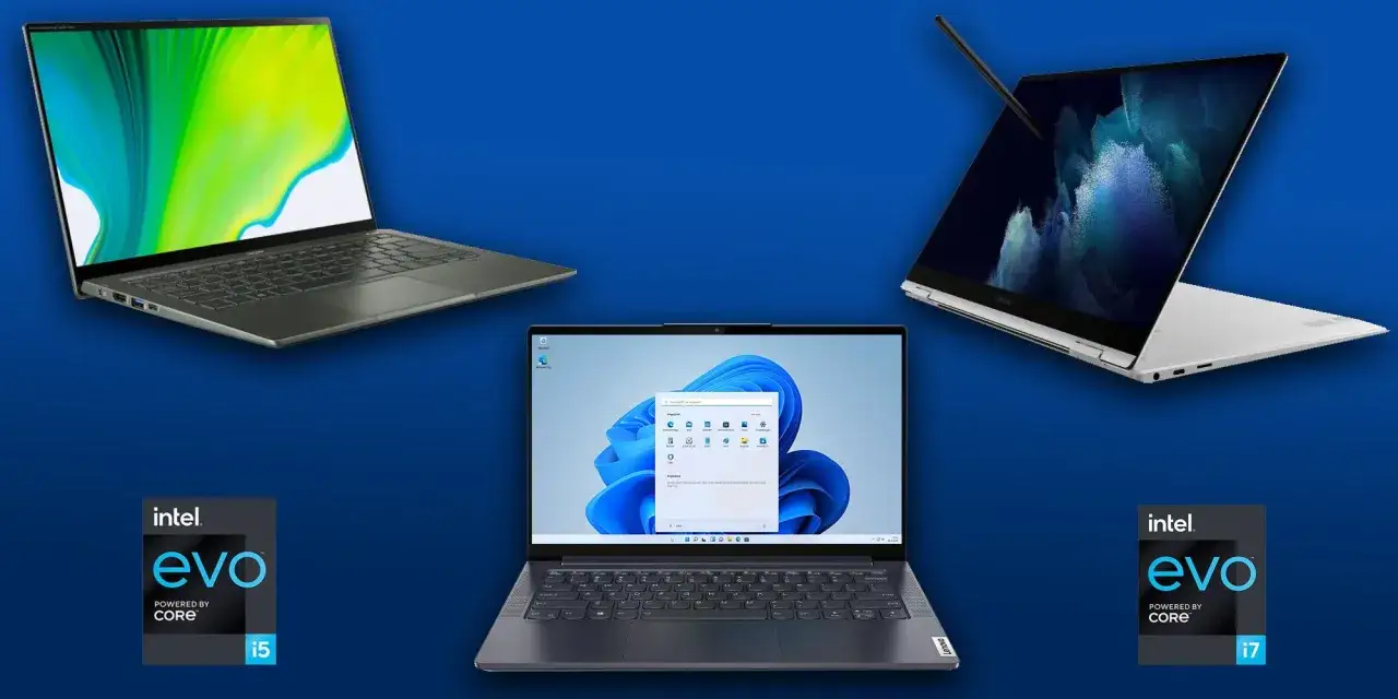 Drei Laptops mit Intel Evo-Logo, einer mit i5 und einer mit i7 Prozessor.