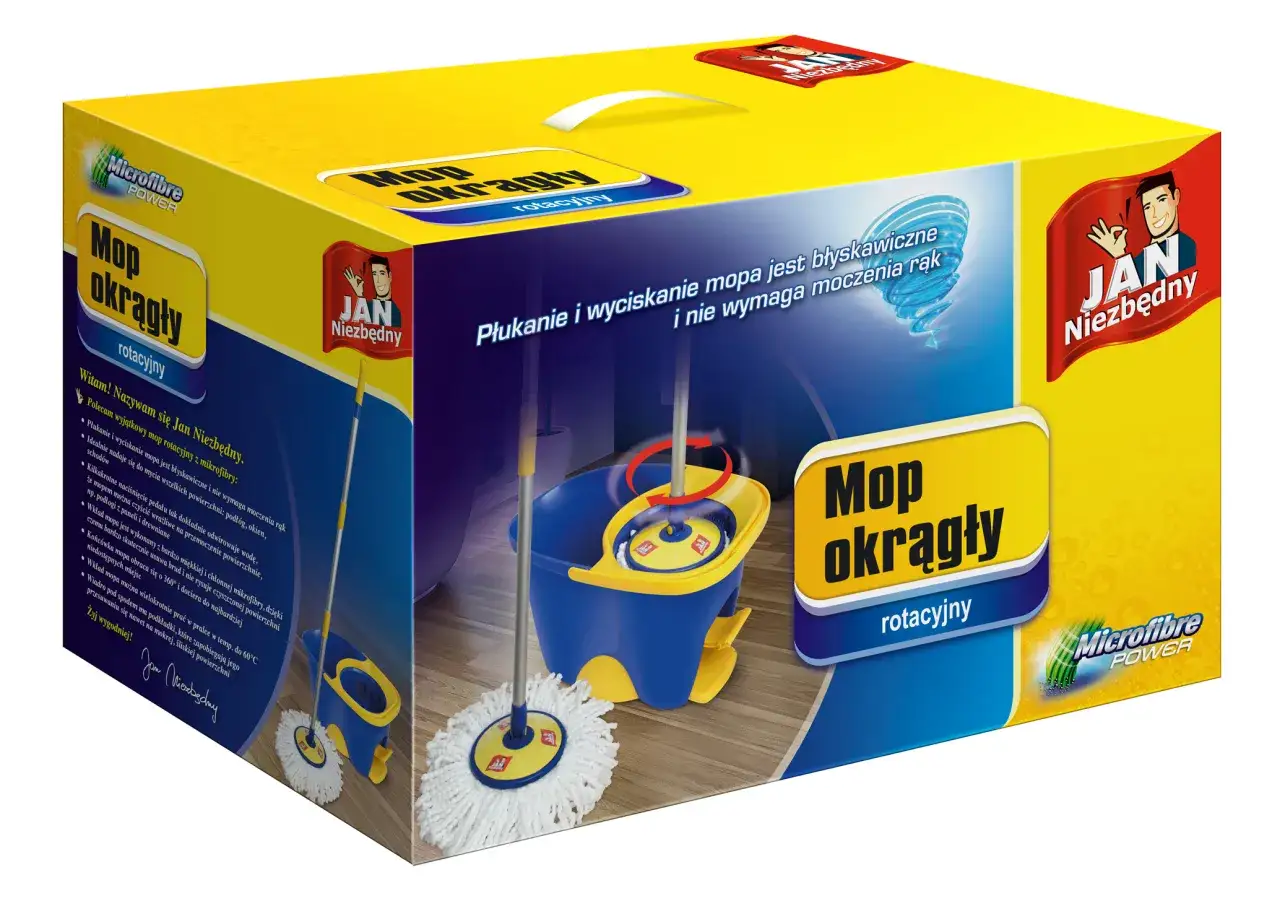 Opakowanie mopa obrotowego Jan Niezbędny z wiadrem i nakładką z mikrofibry.