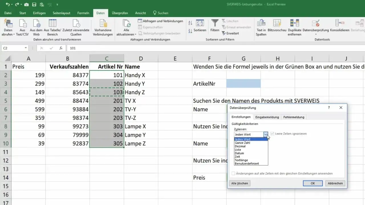 Excel blokowanie komórek: okno "Kontrola poprawności danych" z zaznaczoną opcją "Każda wartość" i zaznaczonym polem "Ignoruj puste komórki".
