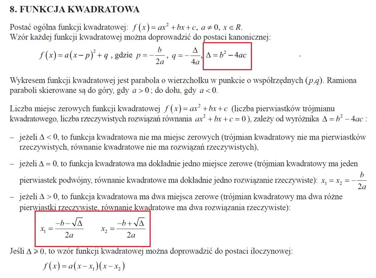 Wzory na pierwiastki funkcji kwadratowej x₁ i x₂ przy założeniu Δ > 0.