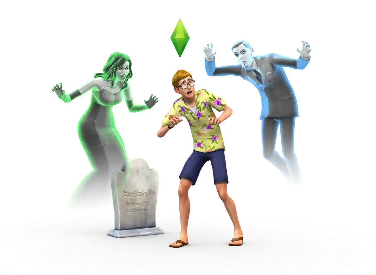 Przerażony Sim w hawajskiej koszuli próbuje dowiedzieć się, jak przywołać ducha w The Sims 4, podczas gdy dwa zjawy groźnie się do niego zbliżają.