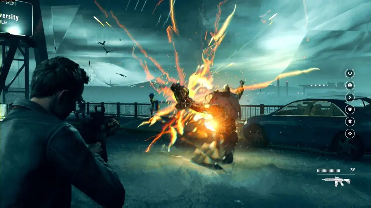 Jack Joyce walczy z wrogiem w wybuchu energii. Spolszczenie Quantum Break zapewnia immersję w tę akcję.