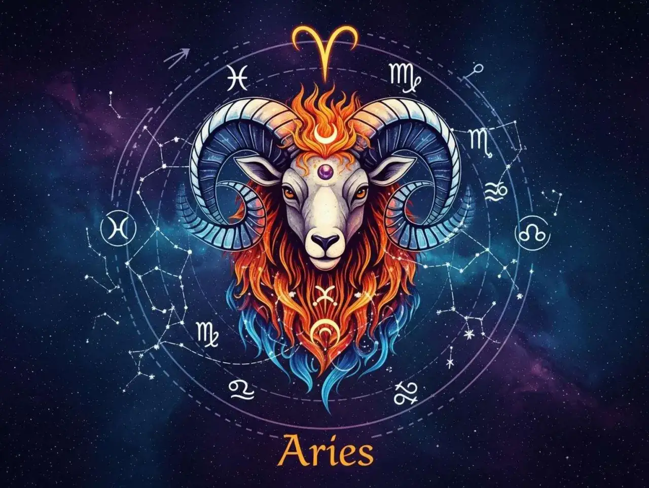 Baran, znak zodiaku 25 kwietnia, z płomienną grzywą i rogami, otoczony konstelacjami i symbolami zodiaku na tle kosmosu.