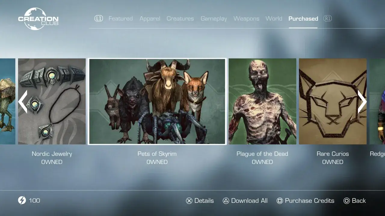 Menu Creation Club z opcjami zakupu dla Skyrim DLC: Nordic Jewelry, Pets of Skyrim, Plague of the Dead, Rare Curios.