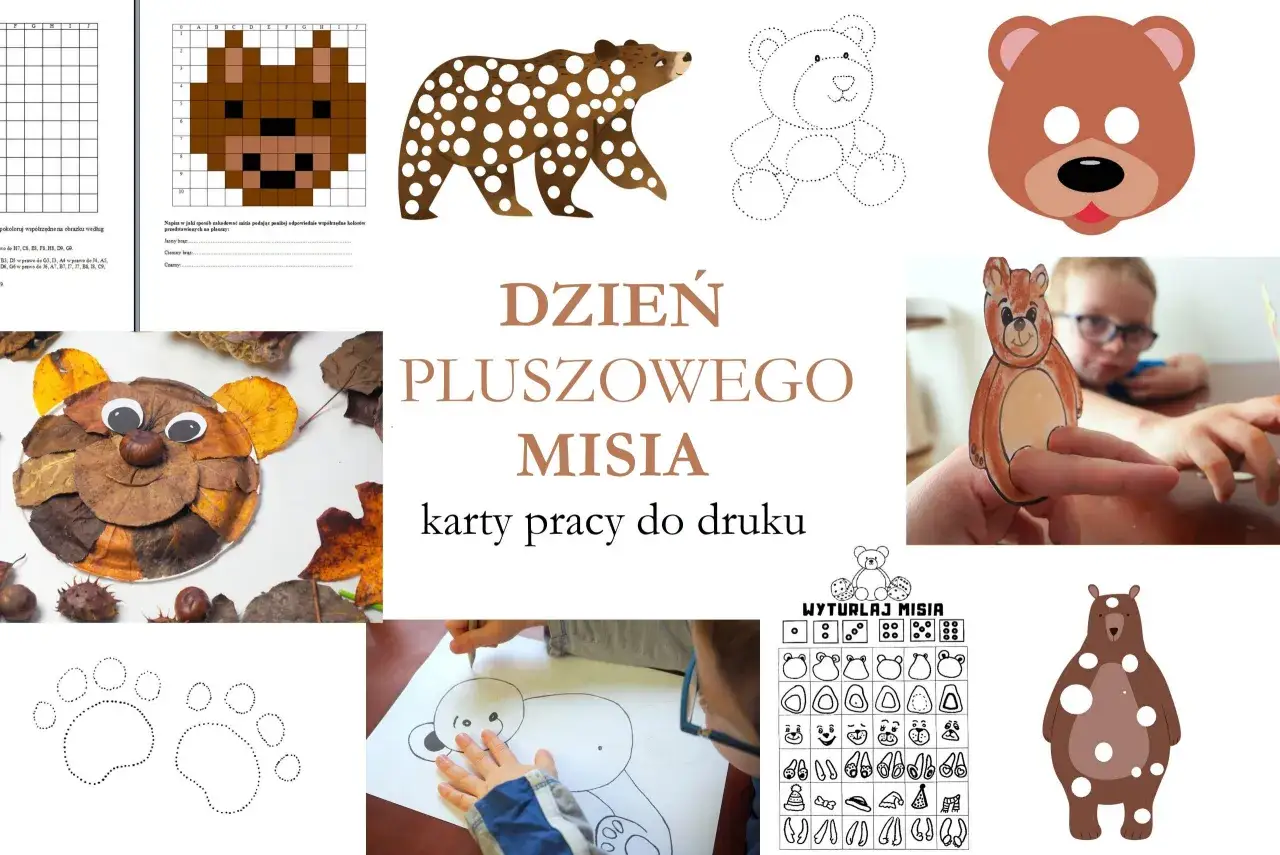 Kolaż z różnymi wizerunkami misiów: rysunki, maska, misie z liści, karty pracy.