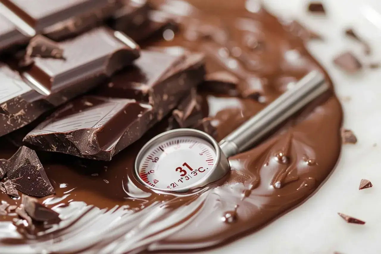 Morceaux de chocolat noir fondus, un thermomètre indiquant 31°C, parfait pour le temperage chocolat au lait.