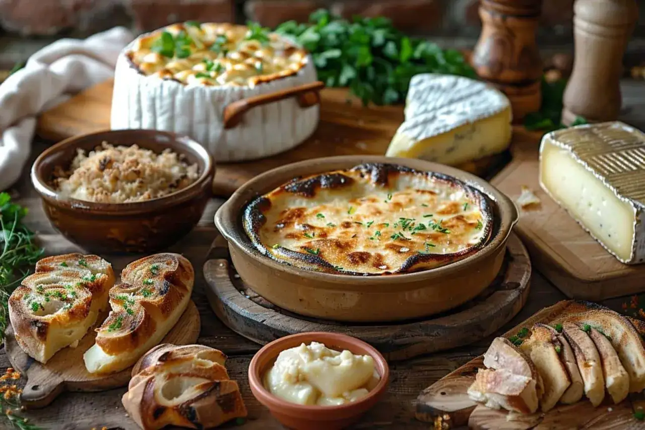 Plats gratinés et fromages, un festin de spécialités Auvergne. Pain grillé, herbes fraîches et ambiance rustique.