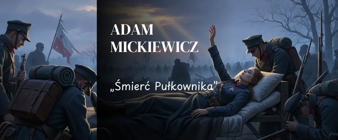 Adam Mickiewicz, "Śmierć Pułkownika" streszczenie: żołnierze przy umierającej kobiecie w mundurze, symboliczny obraz walki i poświęcenia.