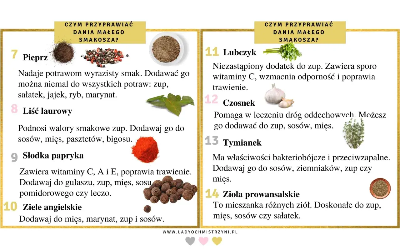 Przyprawy w diecie niemowlaka: pieprz, liść laurowy, słodka papryka, ziele angielskie, lubczyk, czosnek, tymianek, zioła prowansalskie. Od kiedy można bezpiecznie podawać zioła dzieciom?