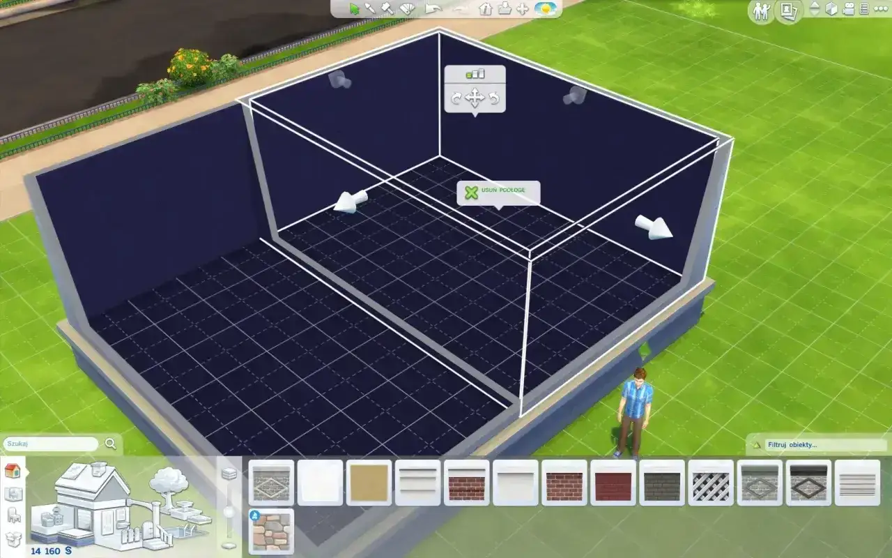 Budowanie w The Sims 4: jak zrobić pół płytki. Widok na pusty pokój z siatką podłogową i narzędziami do budowy.