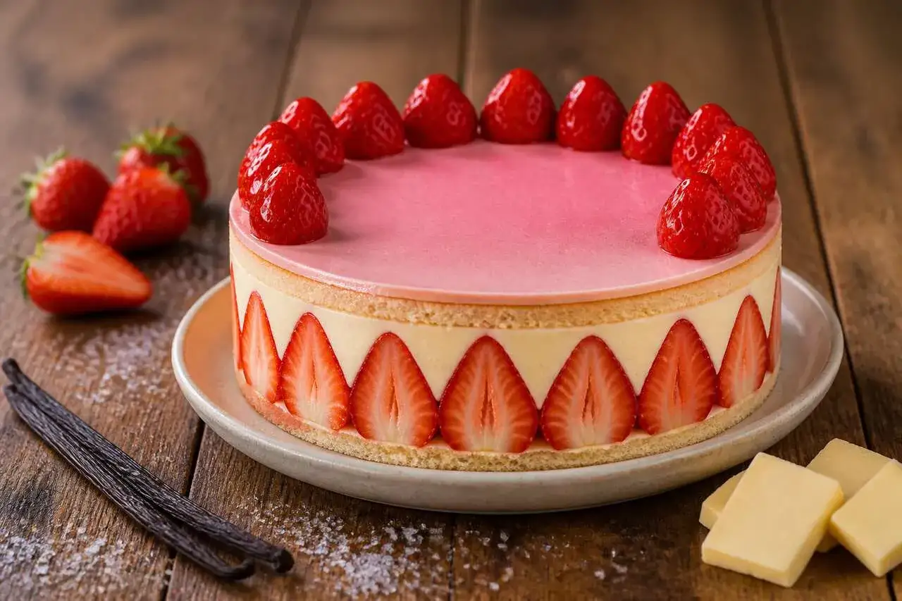 Gâteau rond avec un glaçage miroir fraise, décoré de fraises fraîches et de tranches de fraises sur le pourtour.