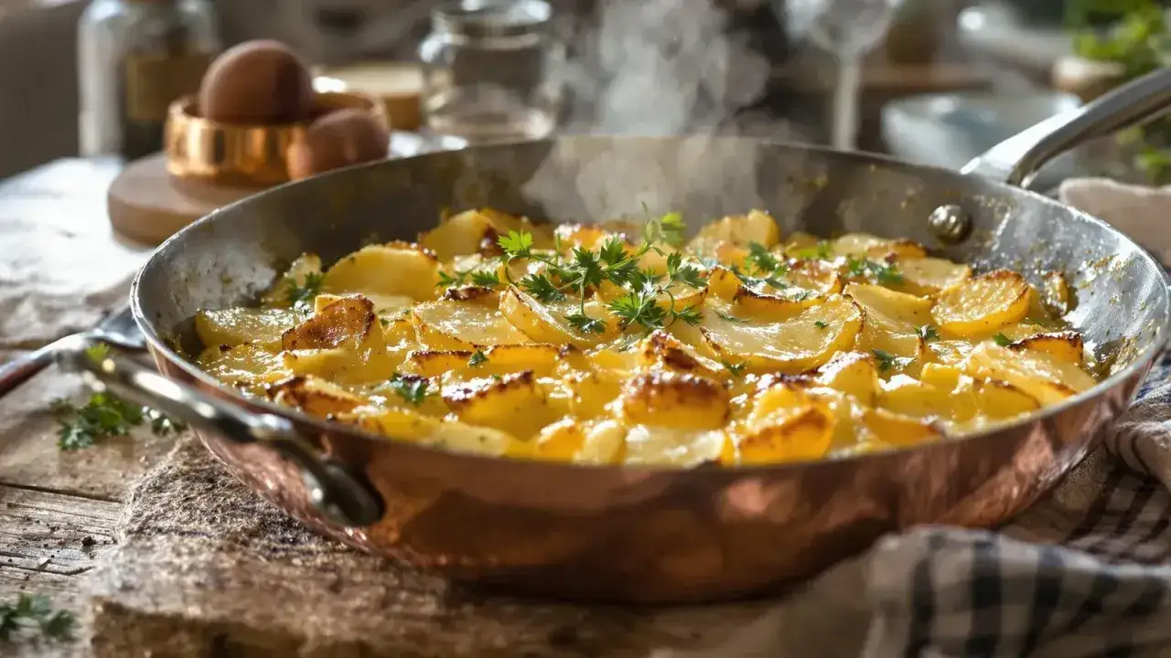 Un plat traditionnel auvergnat : des pommes de terre coupées en fines rondelles, dorées et fumantes dans une poêle en cuivre, garnies de persil frais.