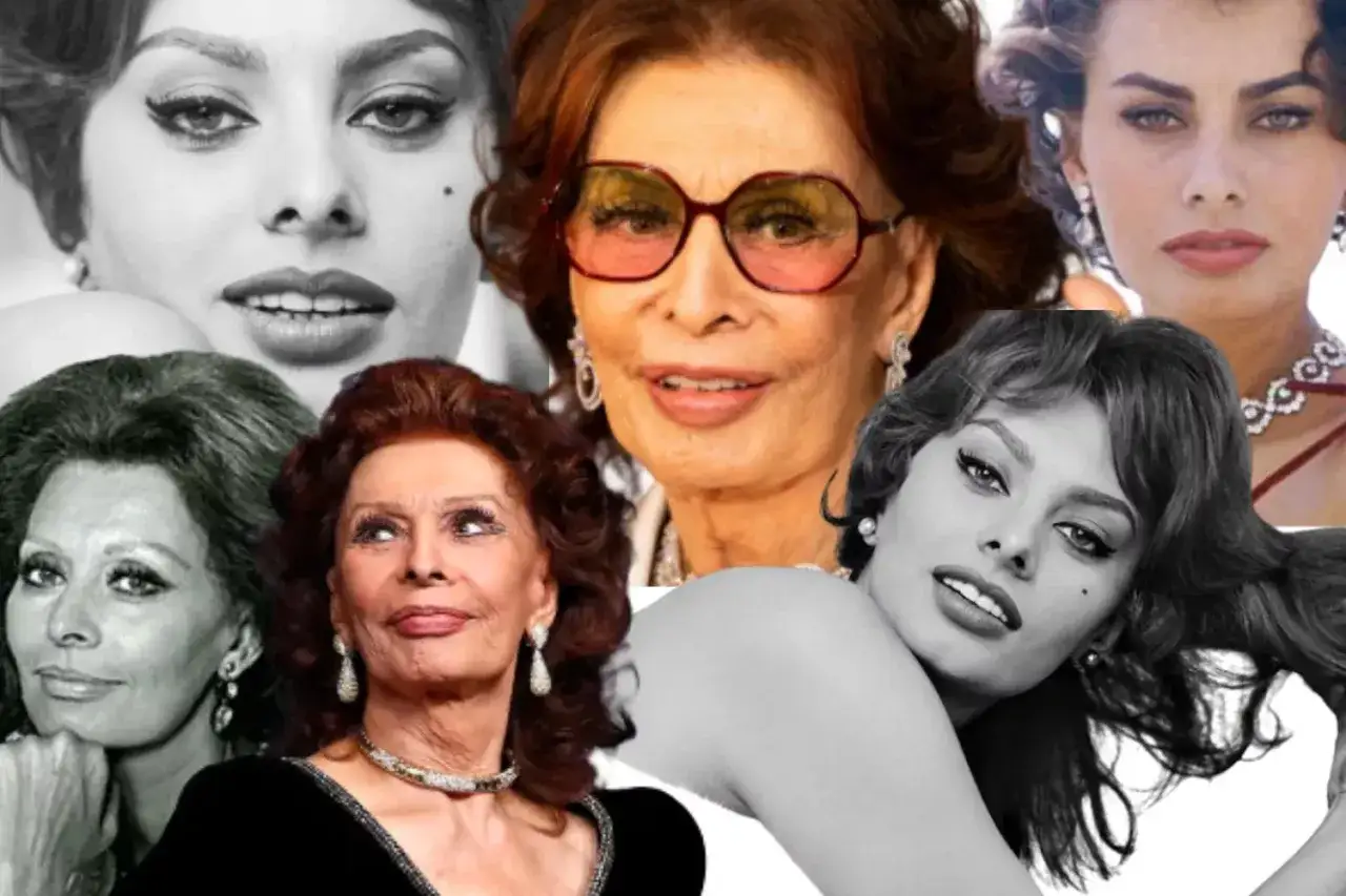 Collage de imágenes de Sophia Loren en diferentes etapas de su vida, mostrando su icónica belleza y estilo.