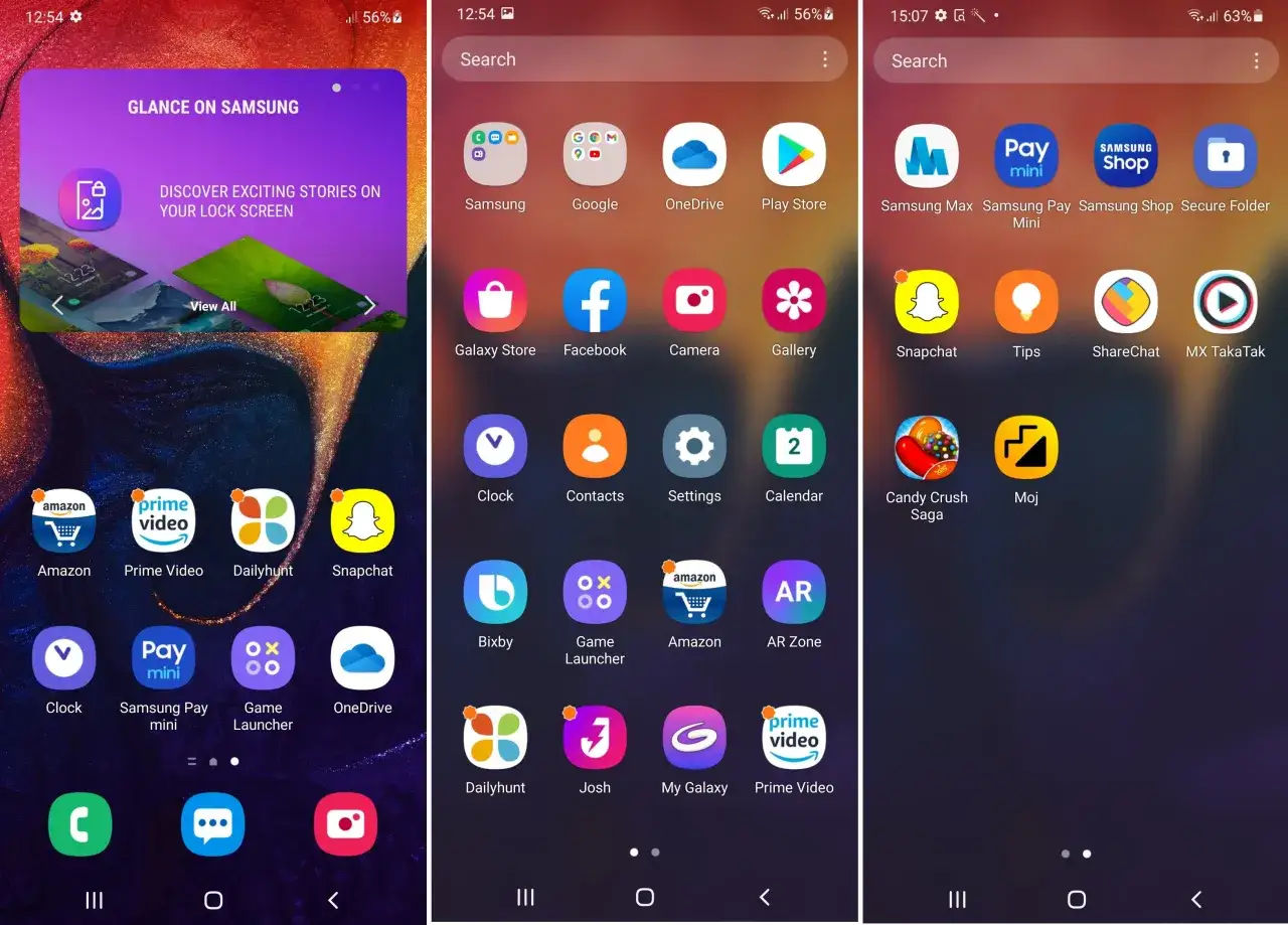 Ekran telefonu z ikonami aplikacji, w tym Samsung, Google, OneDrive, Play Store, Facebook, Snapchat. Widoczny też baner "Glance on Samsung" - to właśnie appcloud co to.