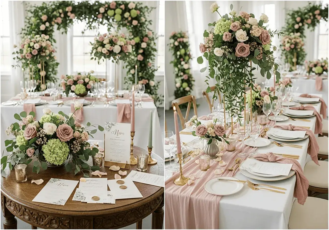 Eleganckie dekoracje stołu weselnego w pastelowych kolorach: pudrowy róż, zieleń i biel. Bukiet róż i hortensji, złote świeczniki i menu.